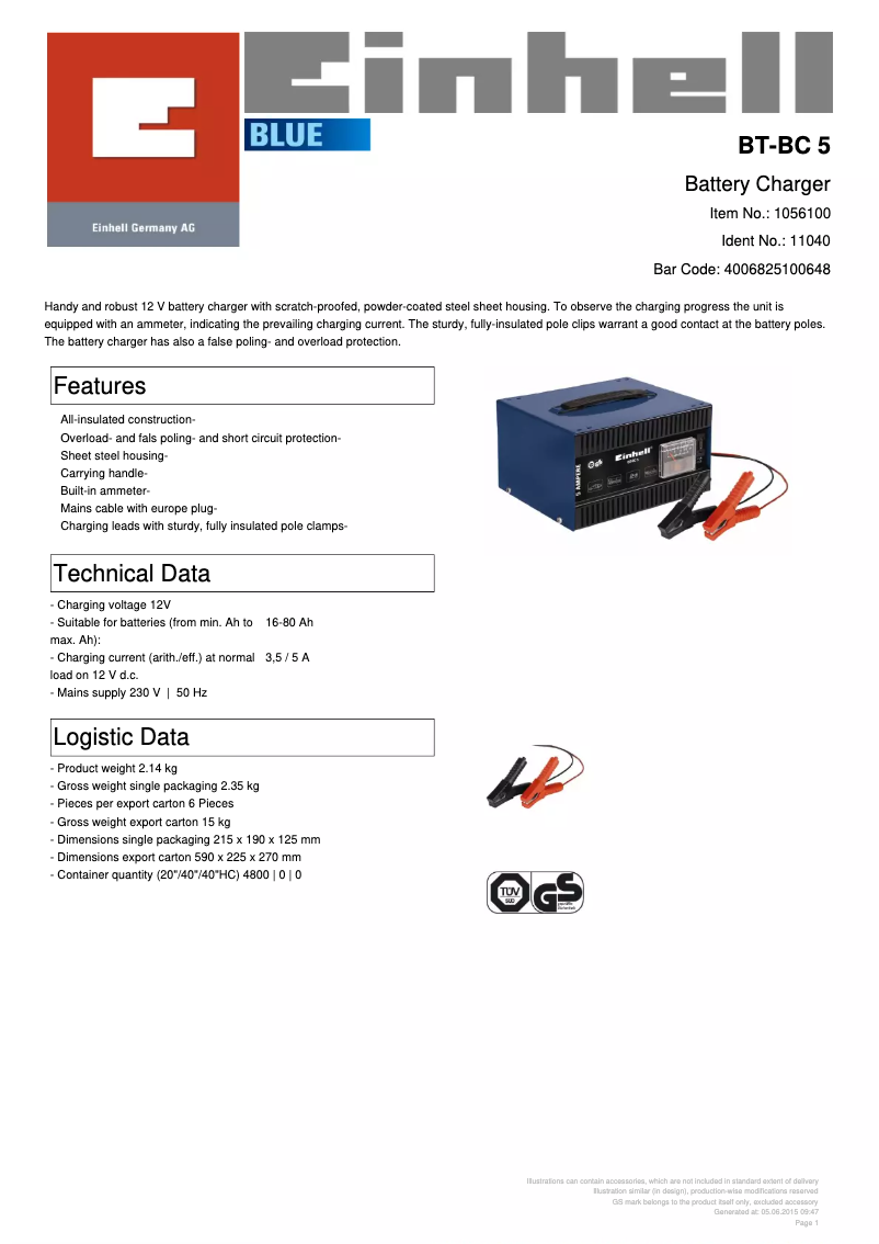 Page n°1 - Fiche technique Einhell BT-BC 5