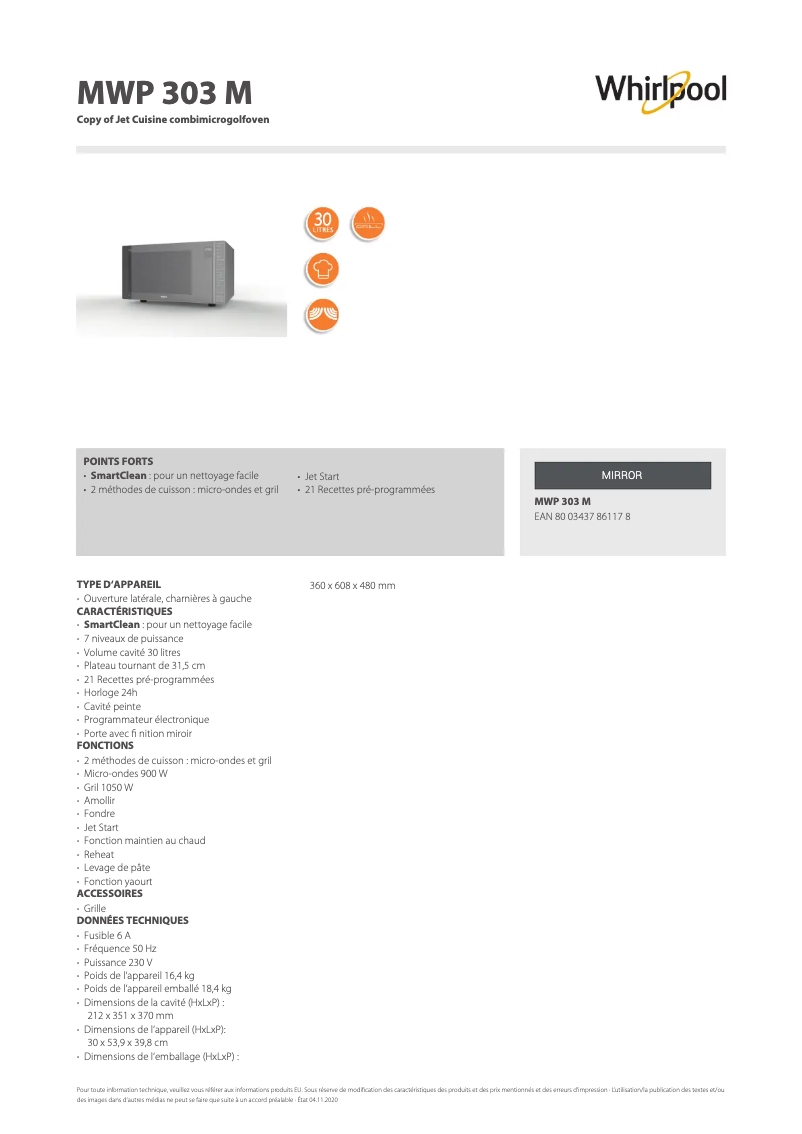 Page 1 de la notice Fiche technique Whirlpool Cook 30 MWP 303 M