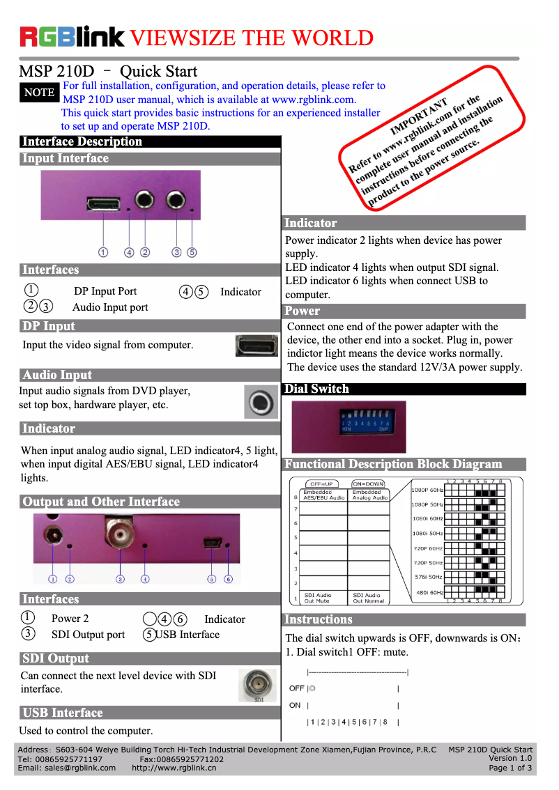 Page 1 de la notice Manuel utilisateur RGBlink MSP 210D