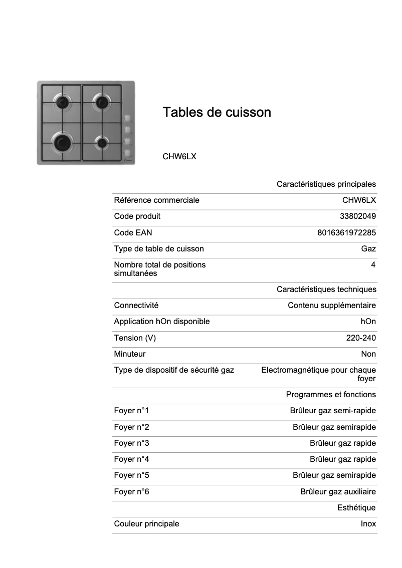Page 1 de la notice Fiche technique Candy CHW6LX