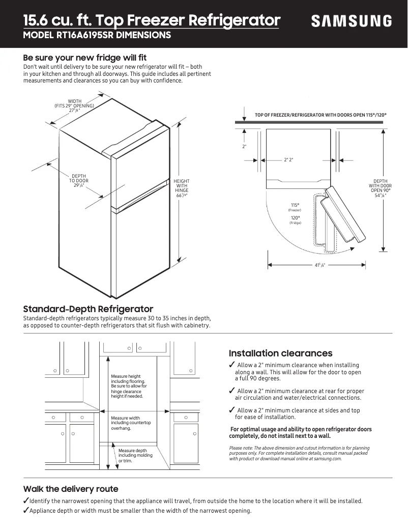 Page 1 de la notice Guide de mesure Samsung RT16A6195SR