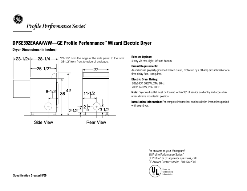 Página 1 del manual Ficha técnica GE Profile Wizard DPSE592EAAA