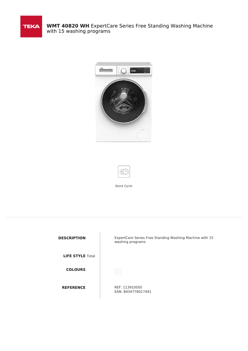 Page 1 de la notice Fiche technique Teka WMT 40820 WH