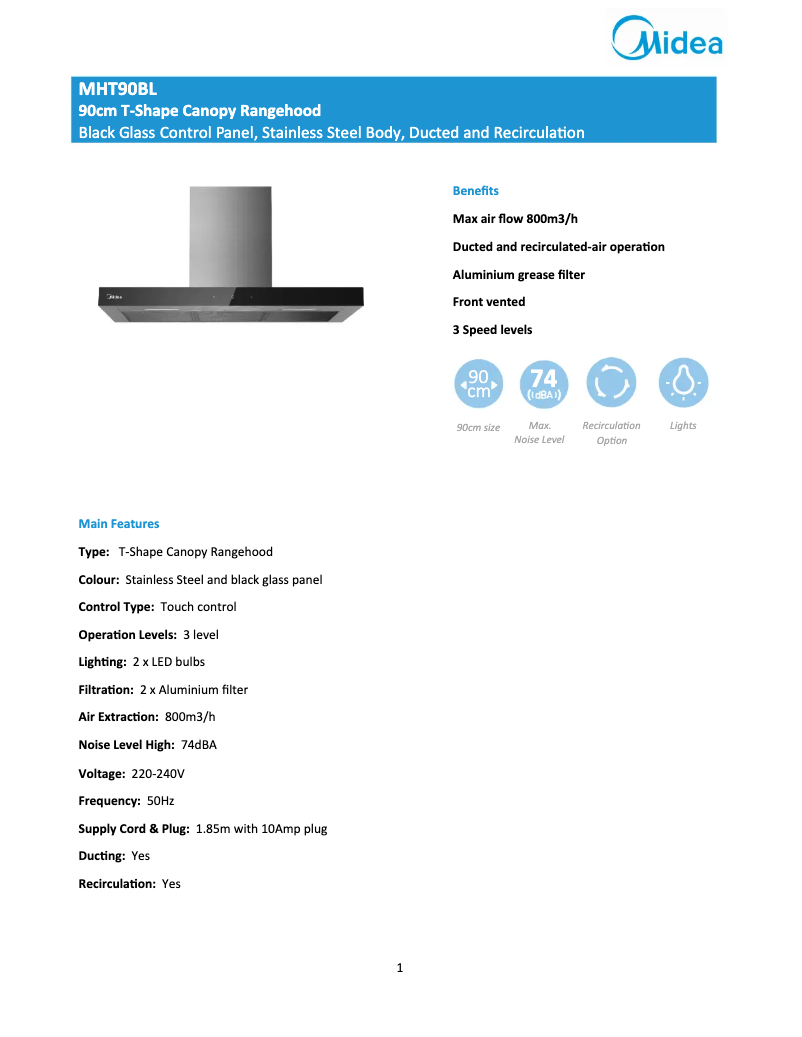 Page 1 de la notice Fiche technique Midea MHT90BL