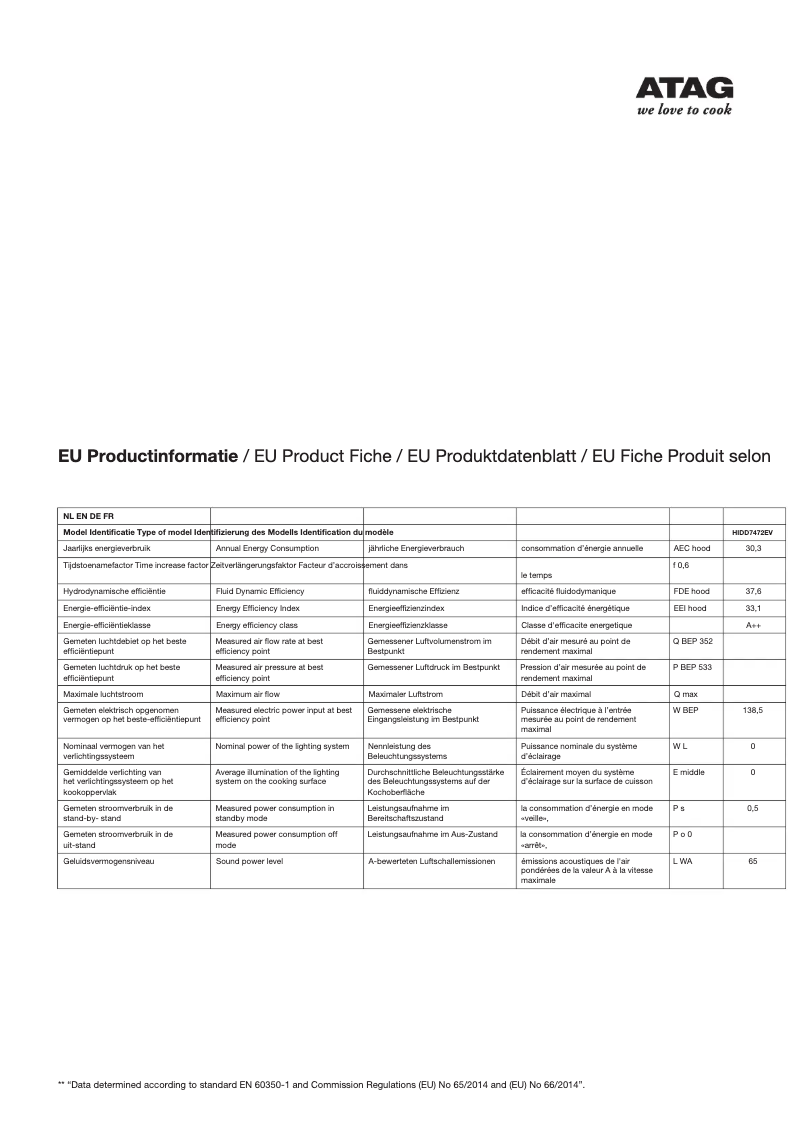 Page n°1 - Fiche technique Atag HIDD7472EV