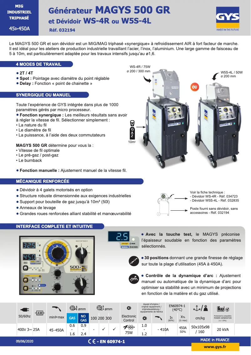Page 1 de la notice Fiche technique GYS Magys 500 GR