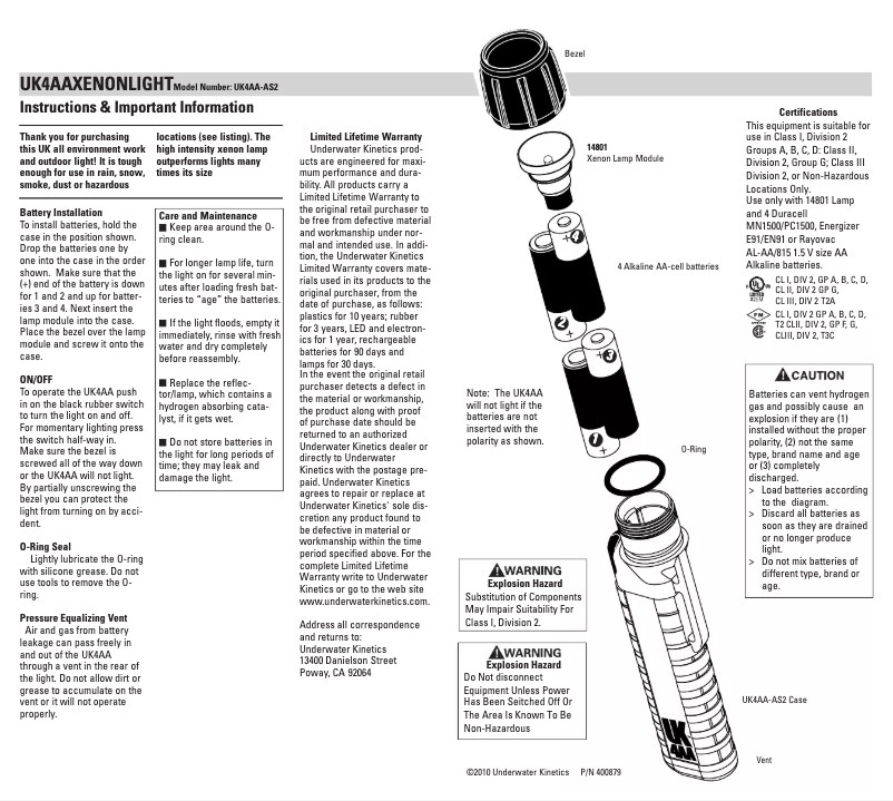 Page n°1 - Manuel utilisateur Underwater Kinetics UK4AA Xenon Front Switch