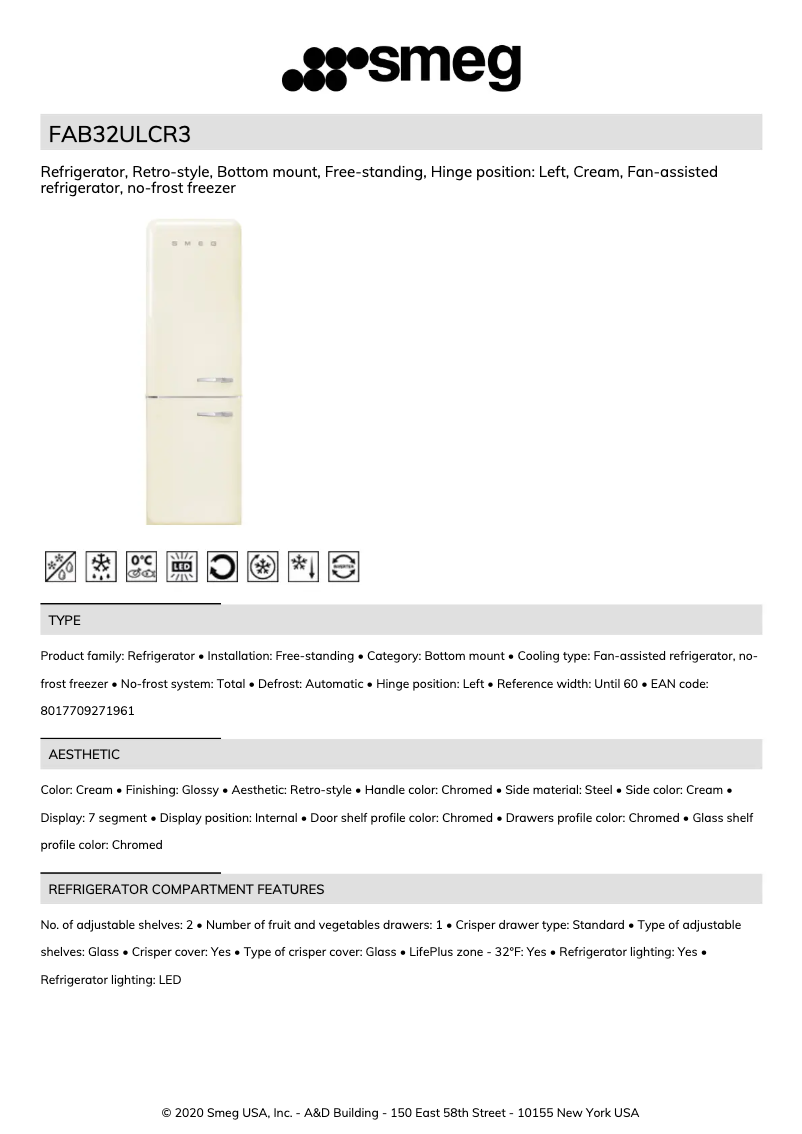 Page 1 de la notice Fiche technique Smeg FAB32