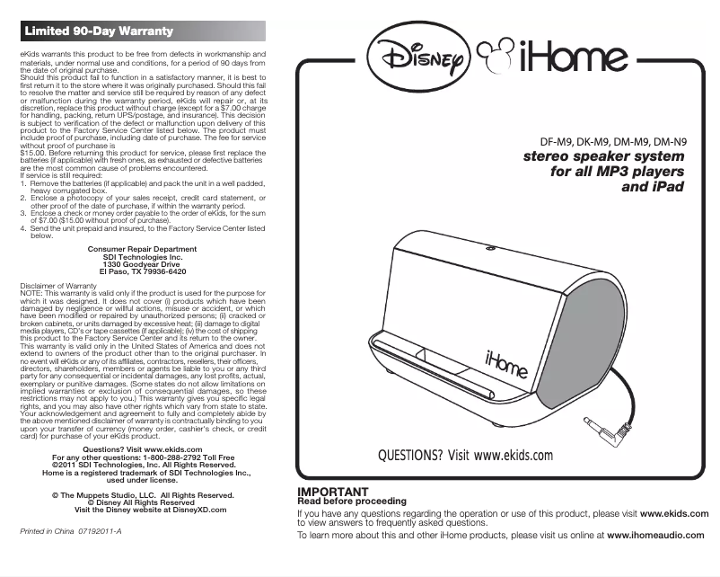 Page 1 de la notice Manuel utilisateur iHome DK-M9