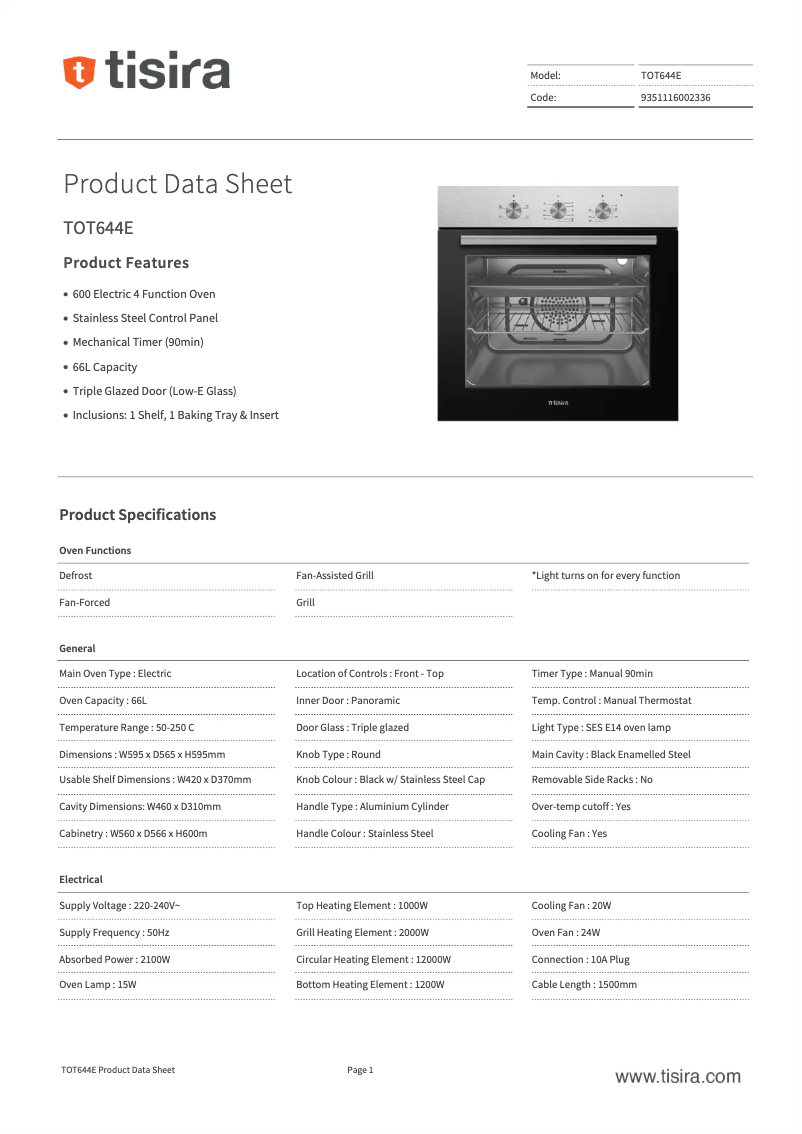 Page 1 de la notice Fiche technique Tisira TOT644E