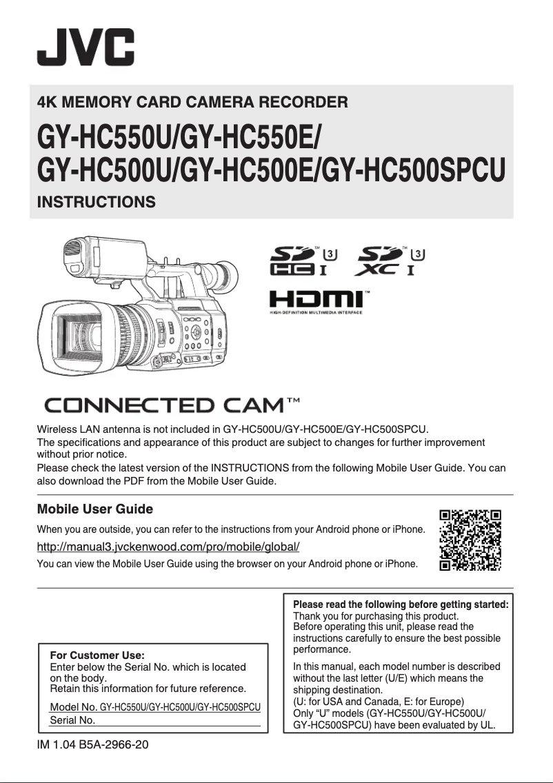 Page n°1 - Manuel utilisateur JVC GY-HC500