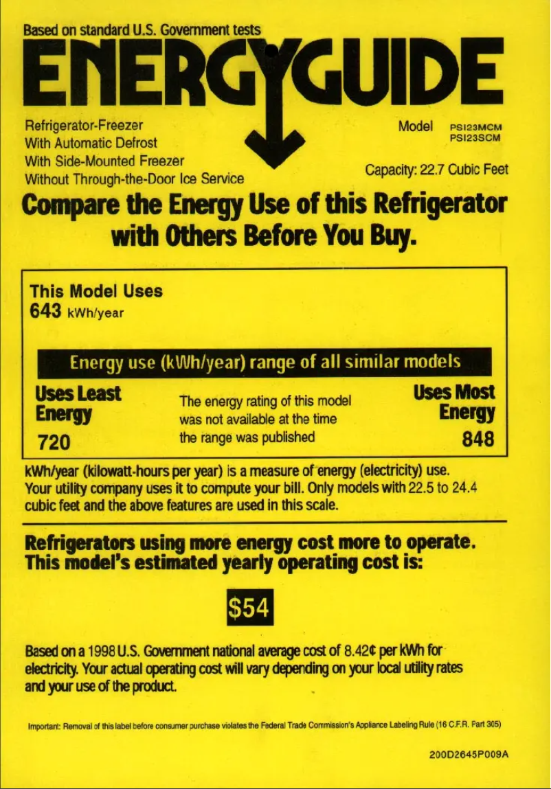 Page 1 de la notice Label énergétique GE Profile Arctica CustomStyle PSI23MCLWW