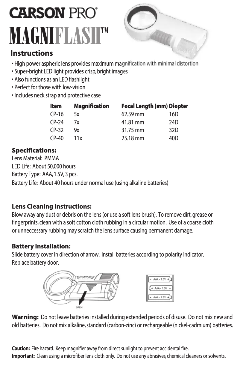Page 1 de la notice Manuel utilisateur Carson MagniFlash CP-16