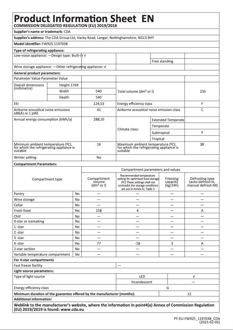 Page n°1 - Fiche technique CDA FW925
