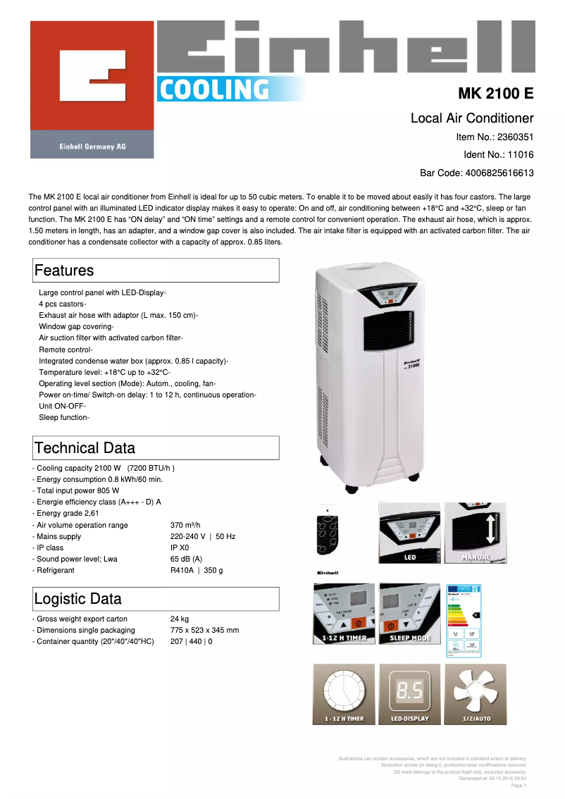 Page 1 de la notice Fiche technique Einhell MK 2100 E
