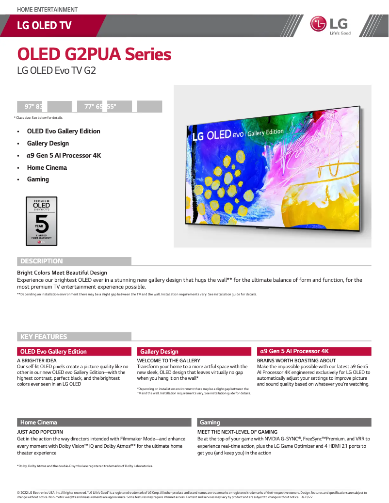 Page 1 de la notice Fiche technique LG OLED83G2PUA