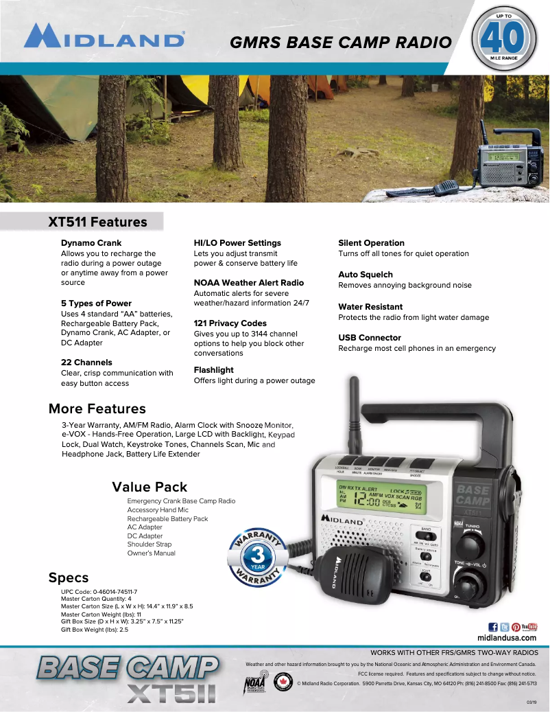 Page 1 de la notice Fiche technique Midland Base Camp XT511