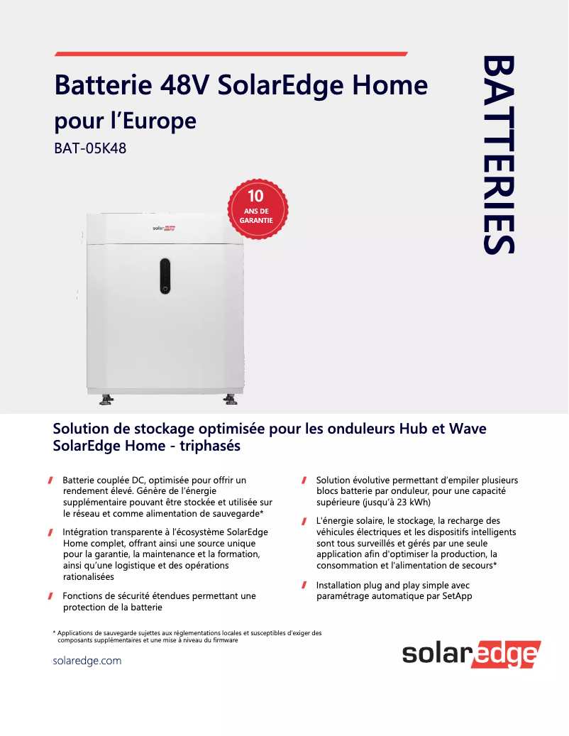 Page 1 de la notice Guide d'installation SolarEdge BAT-05K48MOB-02