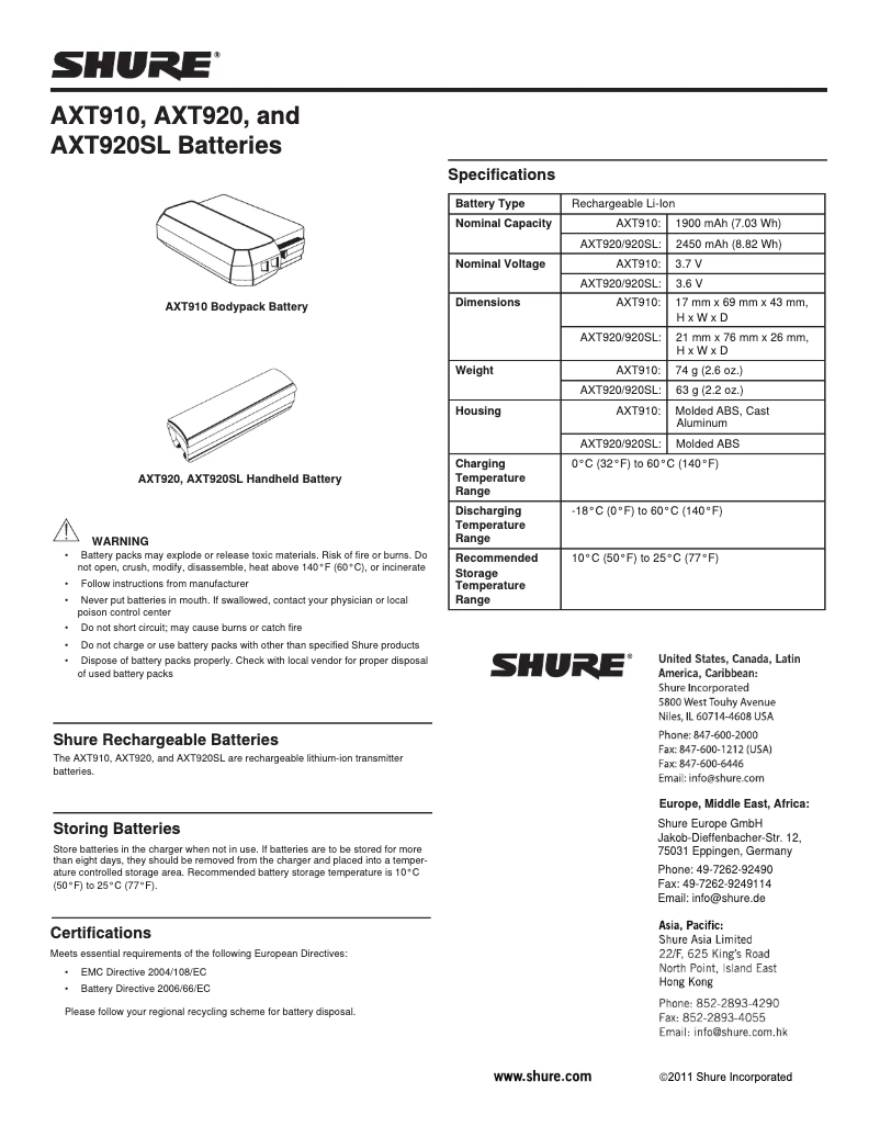 Page n°1 - Manuel utilisateur Shure AXT910