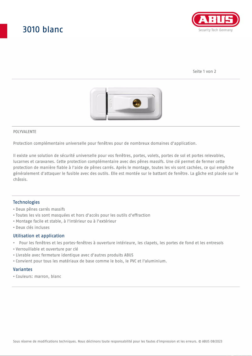 Page n°1 - Fiche technique Abus 3010