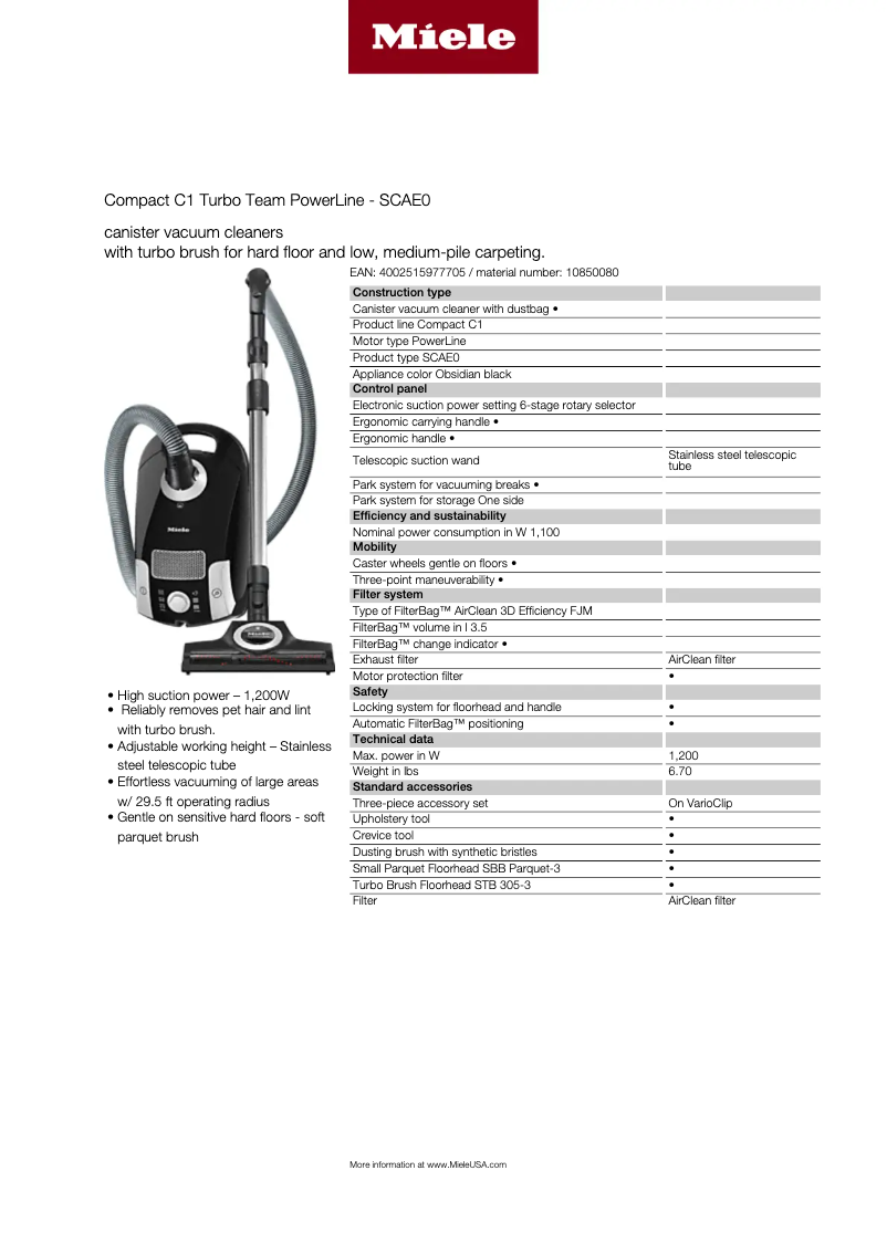 Page 1 de la notice Fiche technique Miele Compact C1