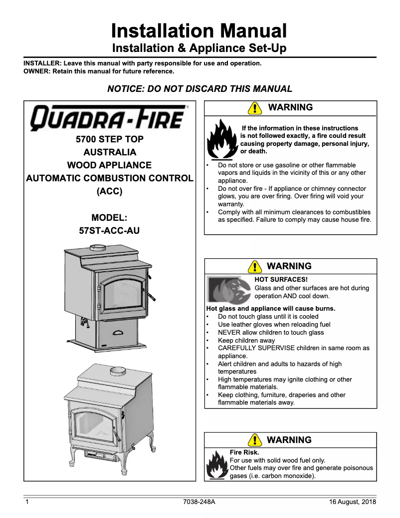 Page 1 de la notice Manuel utilisateur Quadra-Fire 57ST-ACC-AU