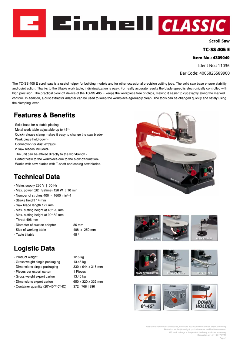 Page 1 de la notice Fiche technique Einhell TC-SS 405 E