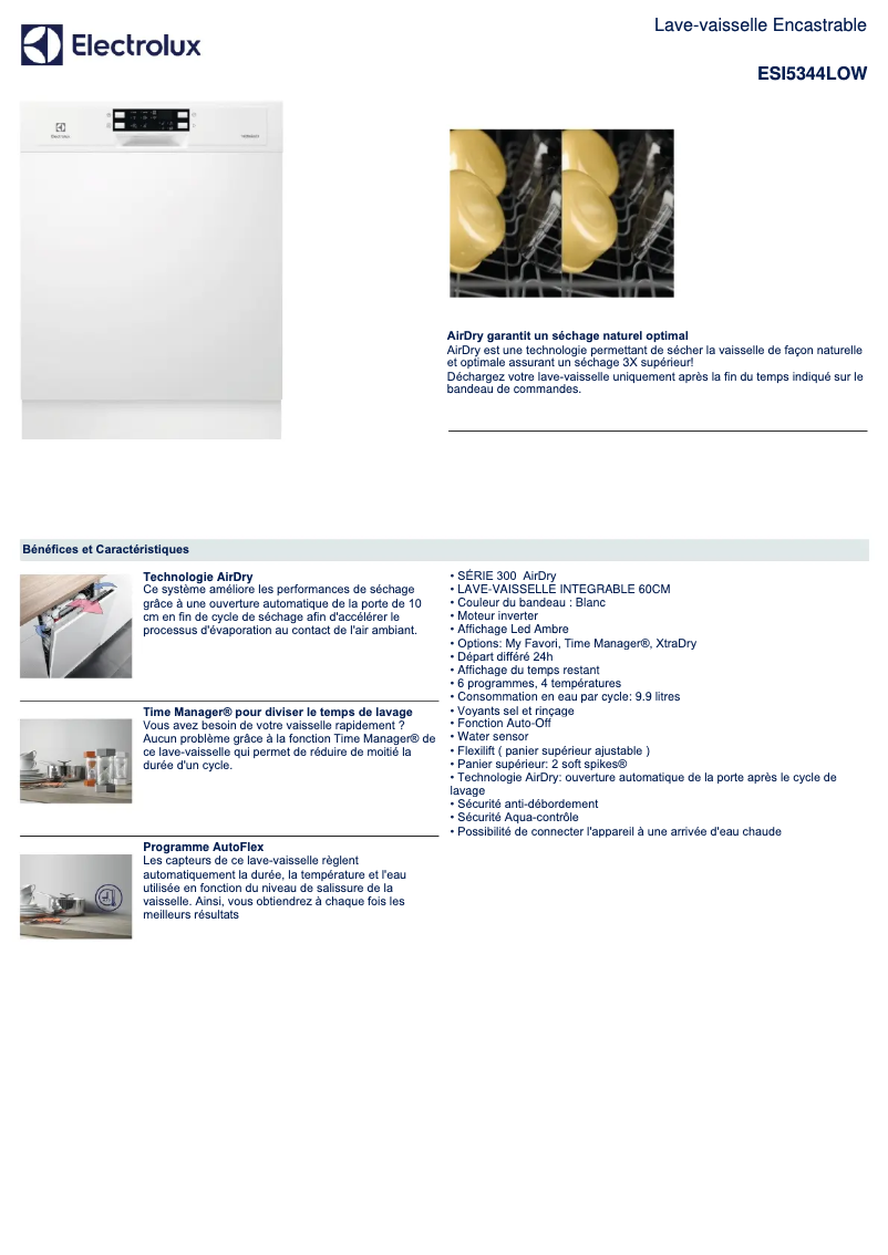 Page 1 de la notice Fiche technique Electrolux ESI5344LOW