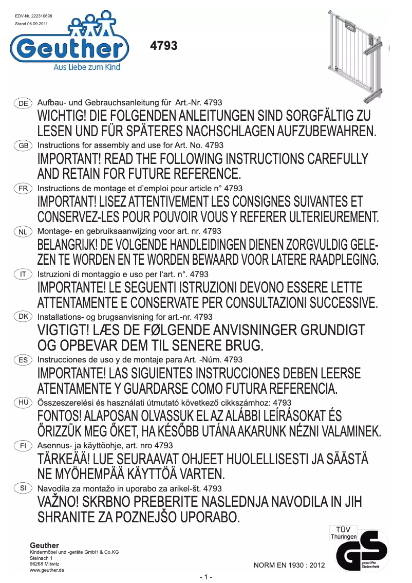 Page n°1 - Manuel utilisateur Geuther Easylock 4793