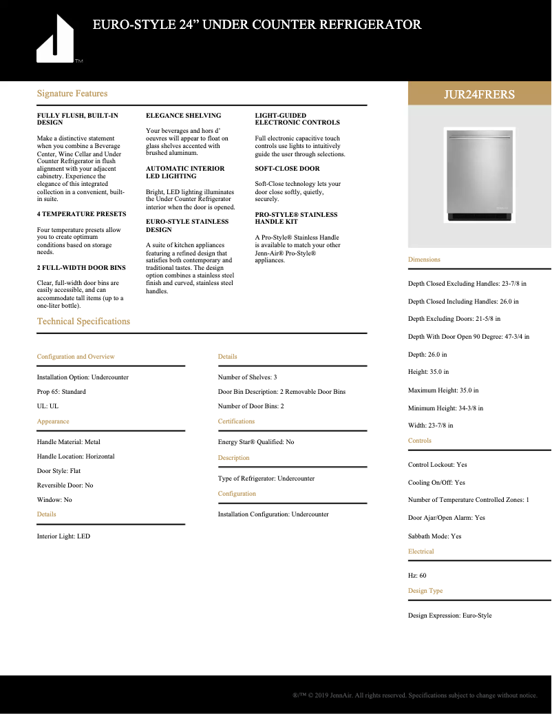 Page 1 de la notice Fiche technique JennAir JUR24FRERS