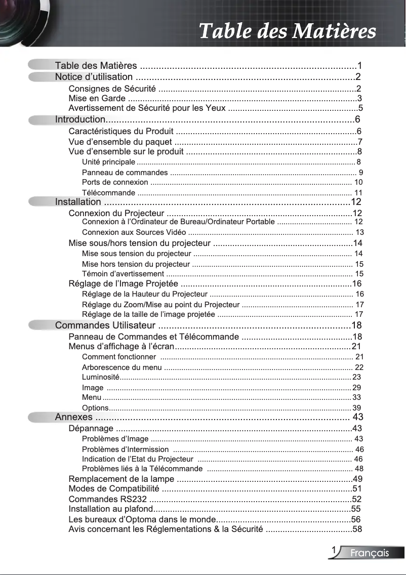 Page n°1 - Manuel utilisateur Optoma EW628