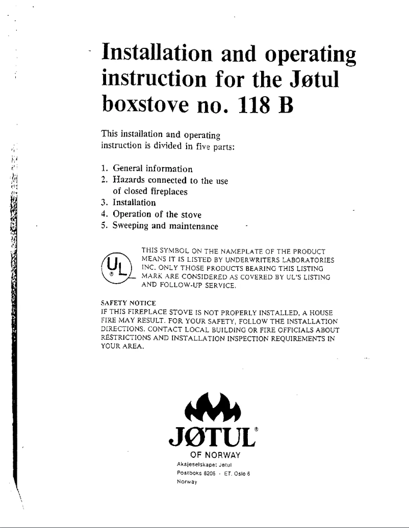 Page 1 de la notice Manuel utilisateur Jøtul Boxstove no 118b