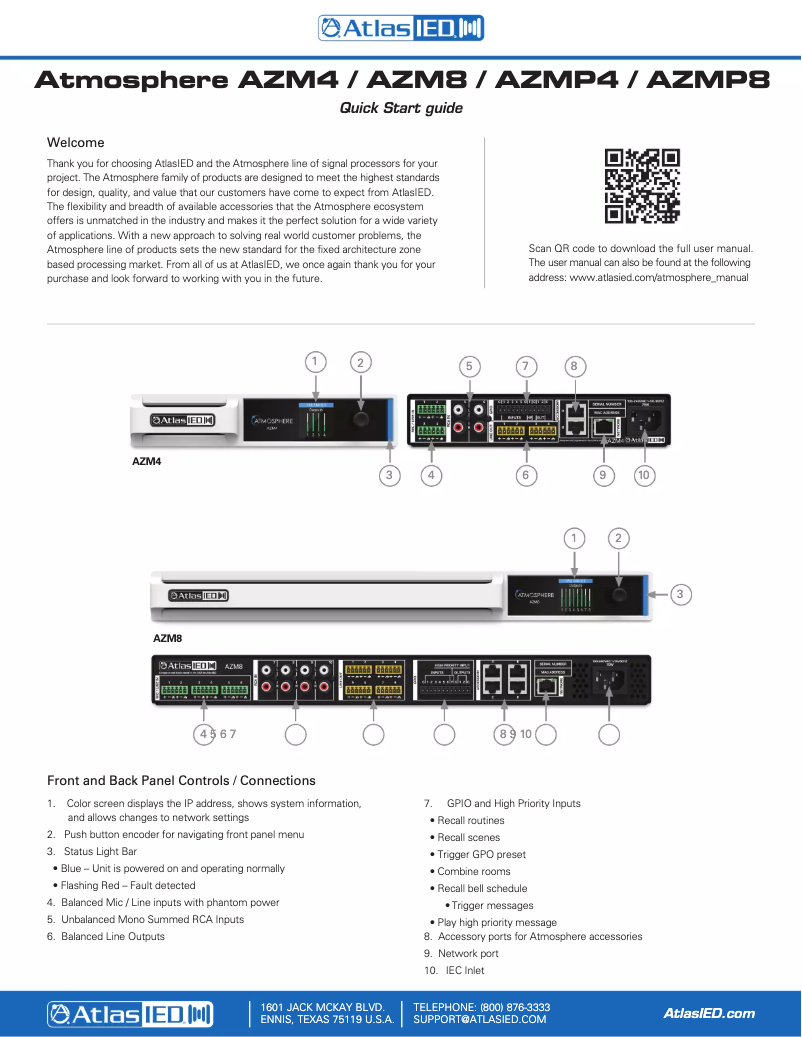 Page 1 de la notice Manuel utilisateur Atlas Sound Atmosphere  AZMP4