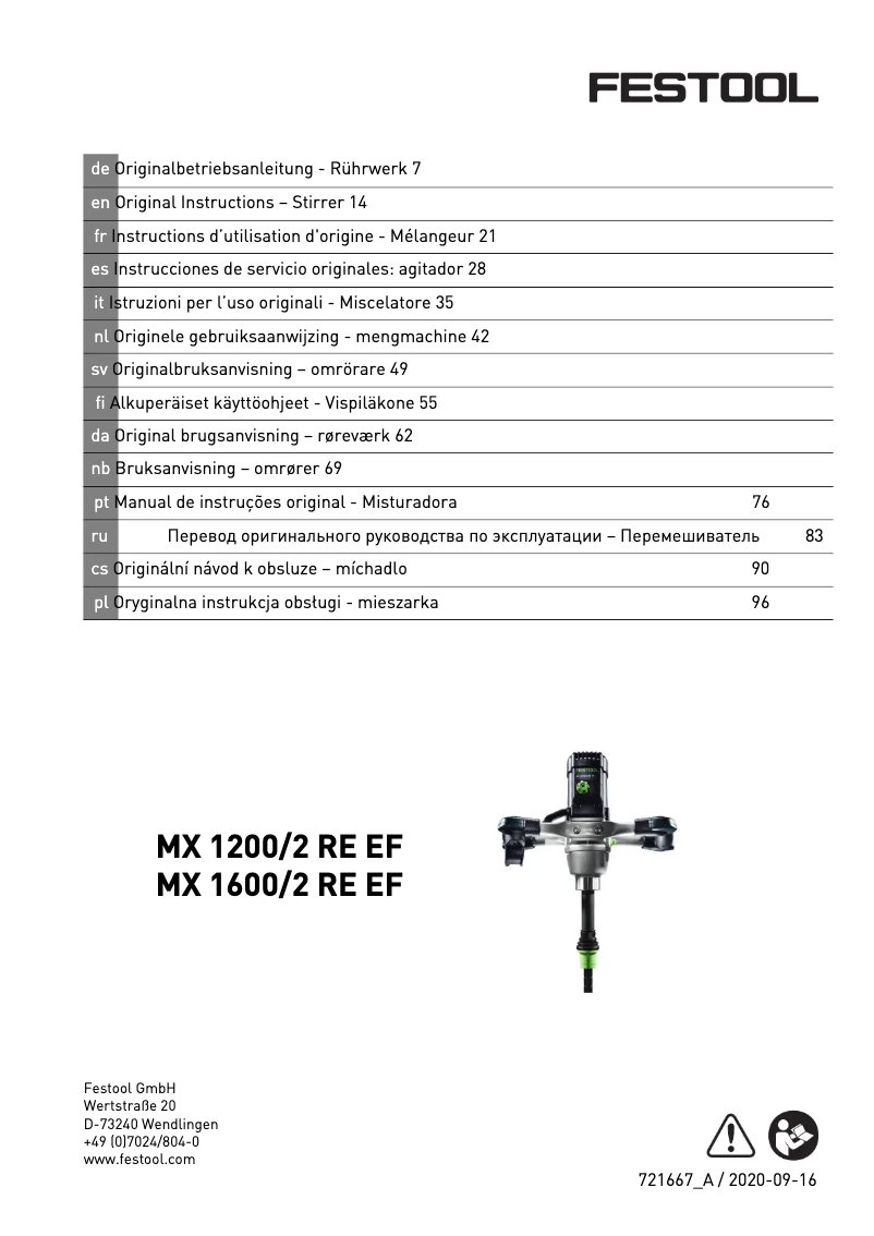 Page 1 de la notice Manuel utilisateur Festool MX 1200/2 RE EF HS3R