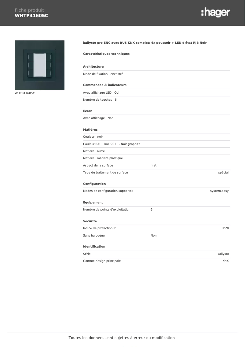 Page 1 de la notice Fiche technique Hager WHTP41605C