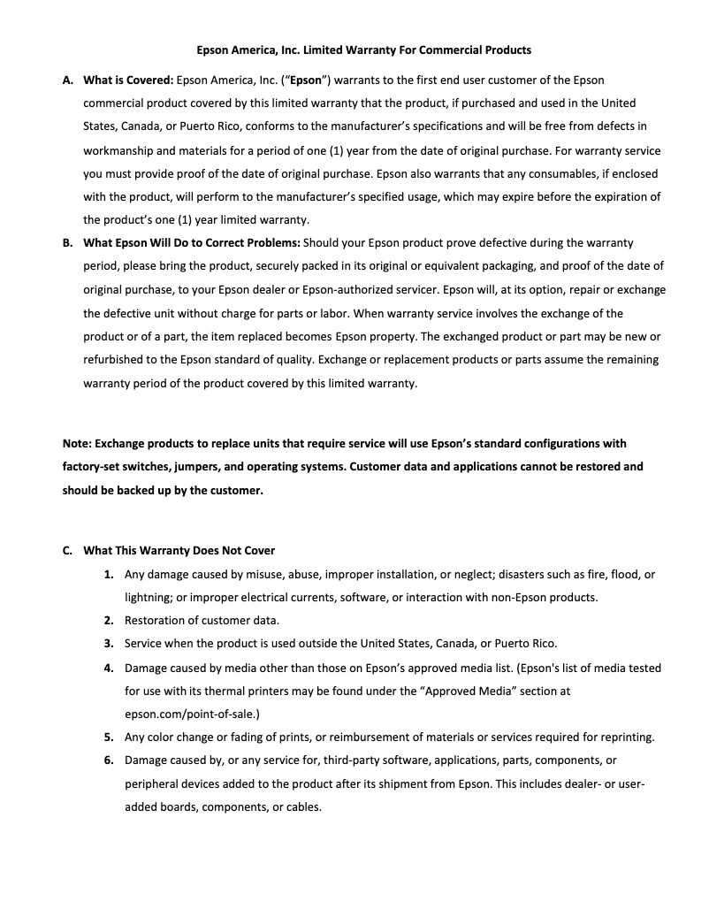 Page n°1 - Informations de garantie Epson Mobilink TM-P20II