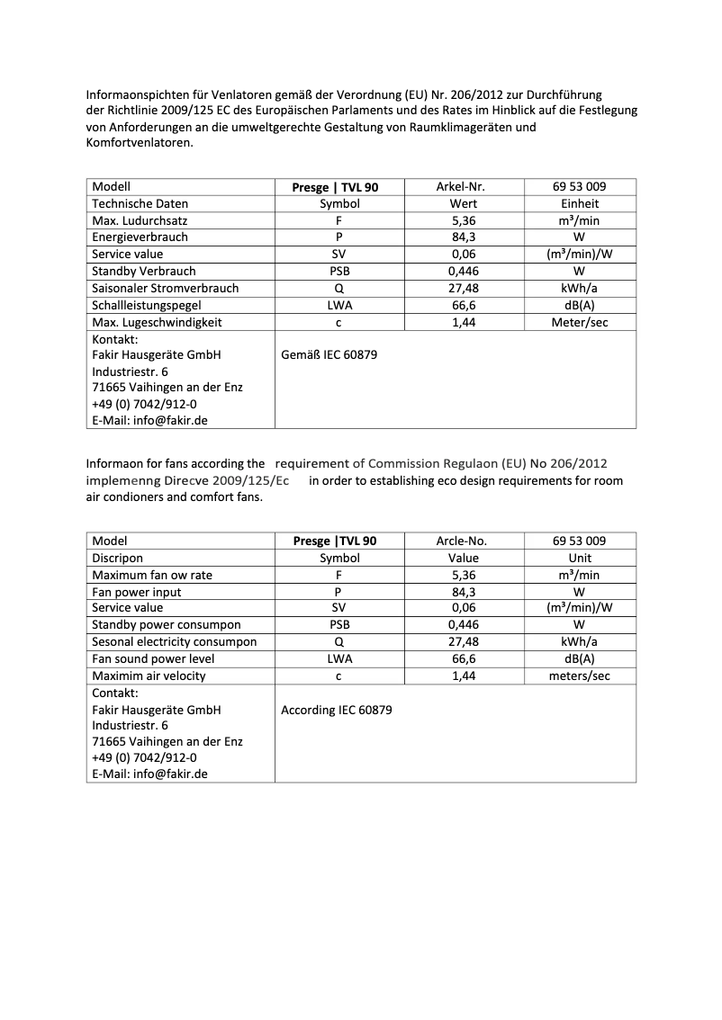Page 1 de la notice Manuel utilisateur Fakir Prestige TVL 90