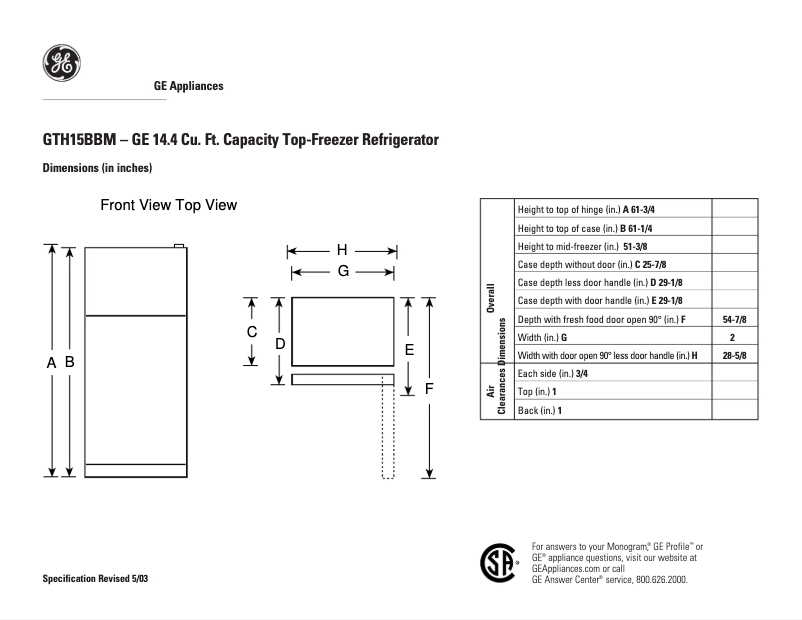 Page 1 de la notice Fiche technique GE GTH15BBMRWW