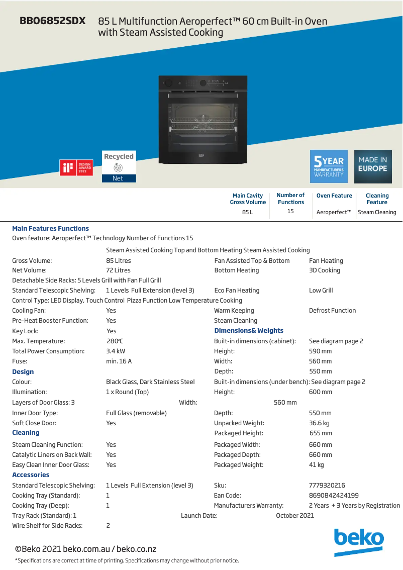 Image de la première page du manuel de l'appareil BBO6852SDX
