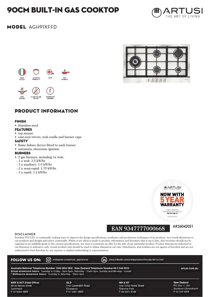 Page n°1 - Fiche technique Artusi AGH91XFFD