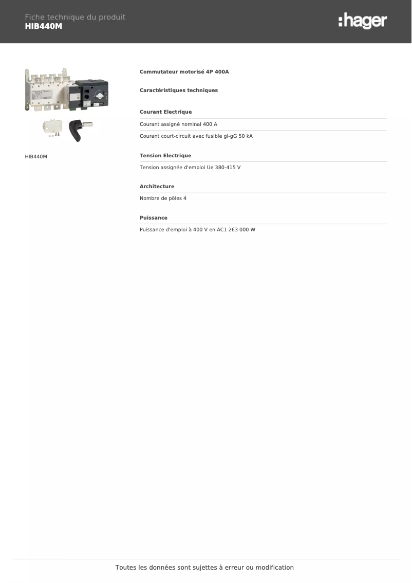 Page 1 de la notice Fiche technique Hager HIB440M