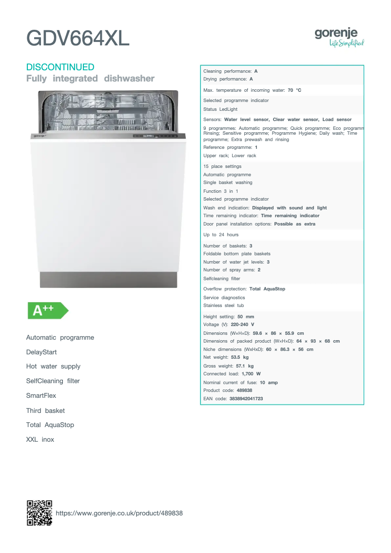 Page 1 de la notice Fiche technique Gorenje GDV664XL
