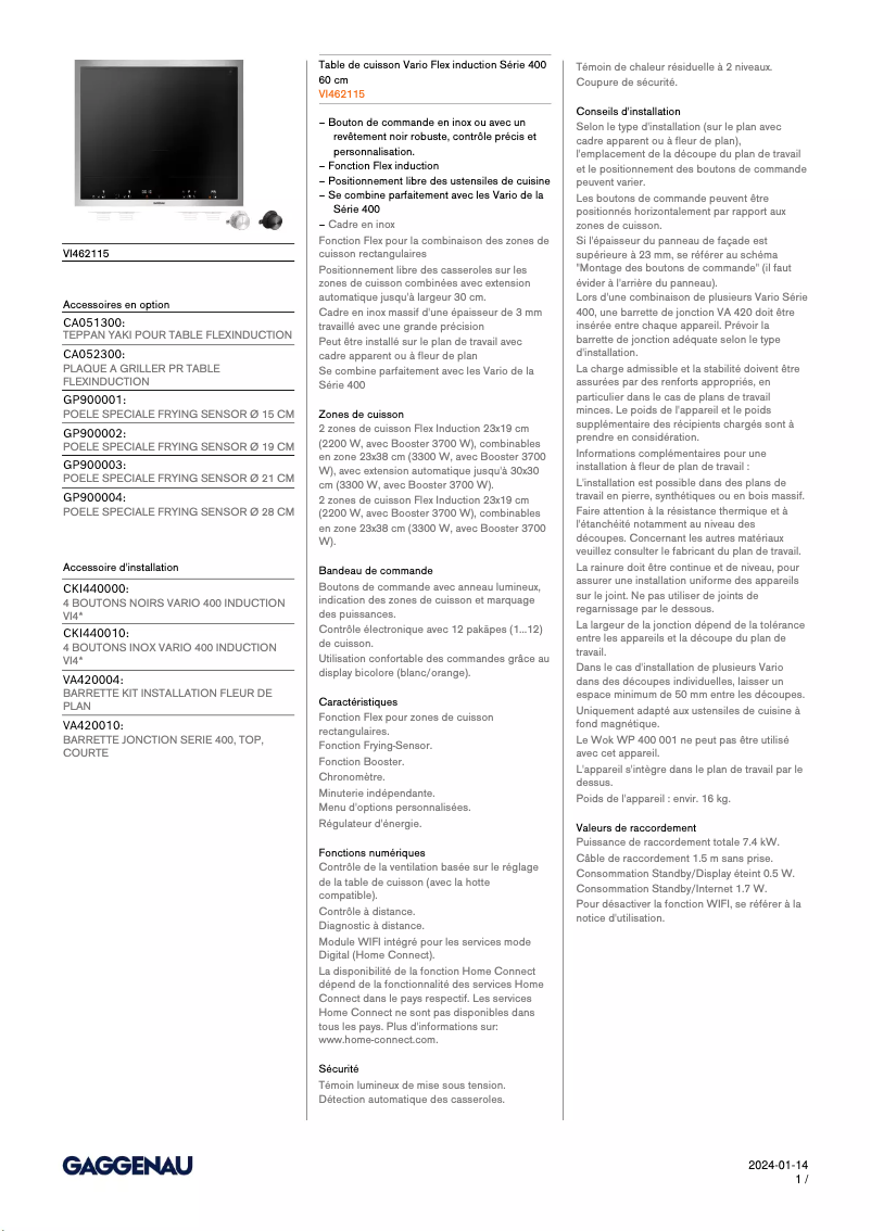 Página 1 del manual Ficha técnica Gaggenau VI462115