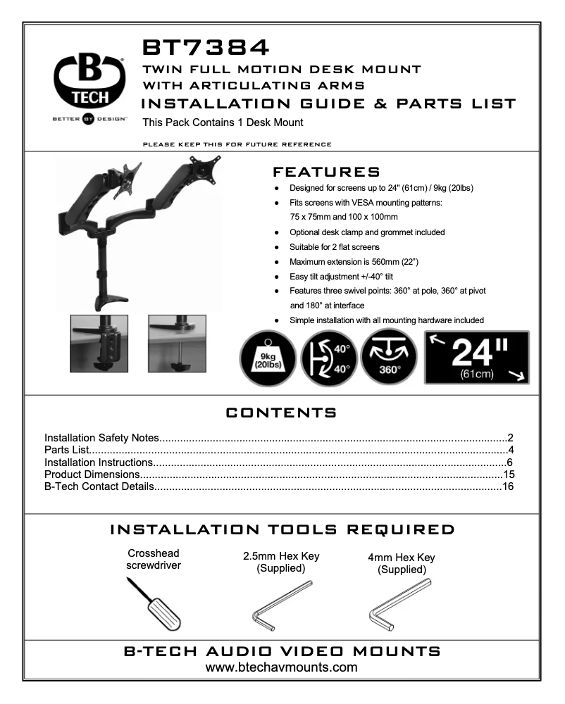 Page n°1 - Manuel utilisateur B-Tech BT7384