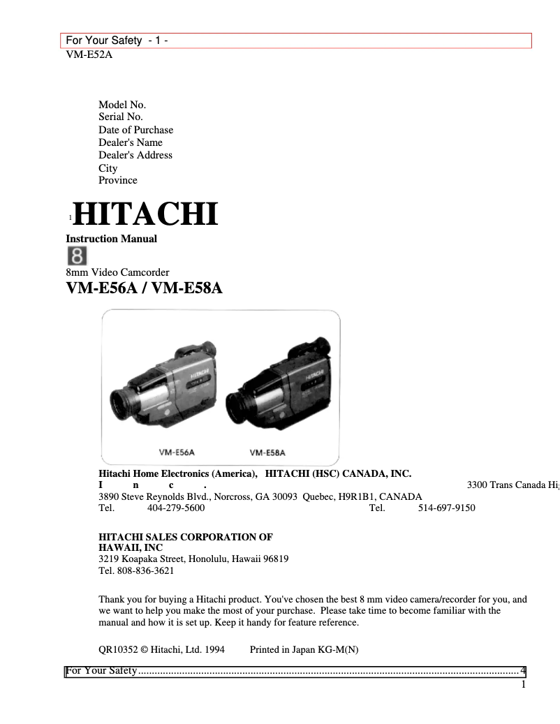 Page n°1 - Manuel utilisateur Hitachi VM-E58A