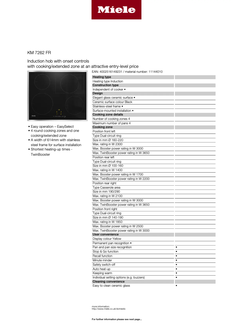 Page 1 de la notice Fiche technique Miele KM 7262 FR