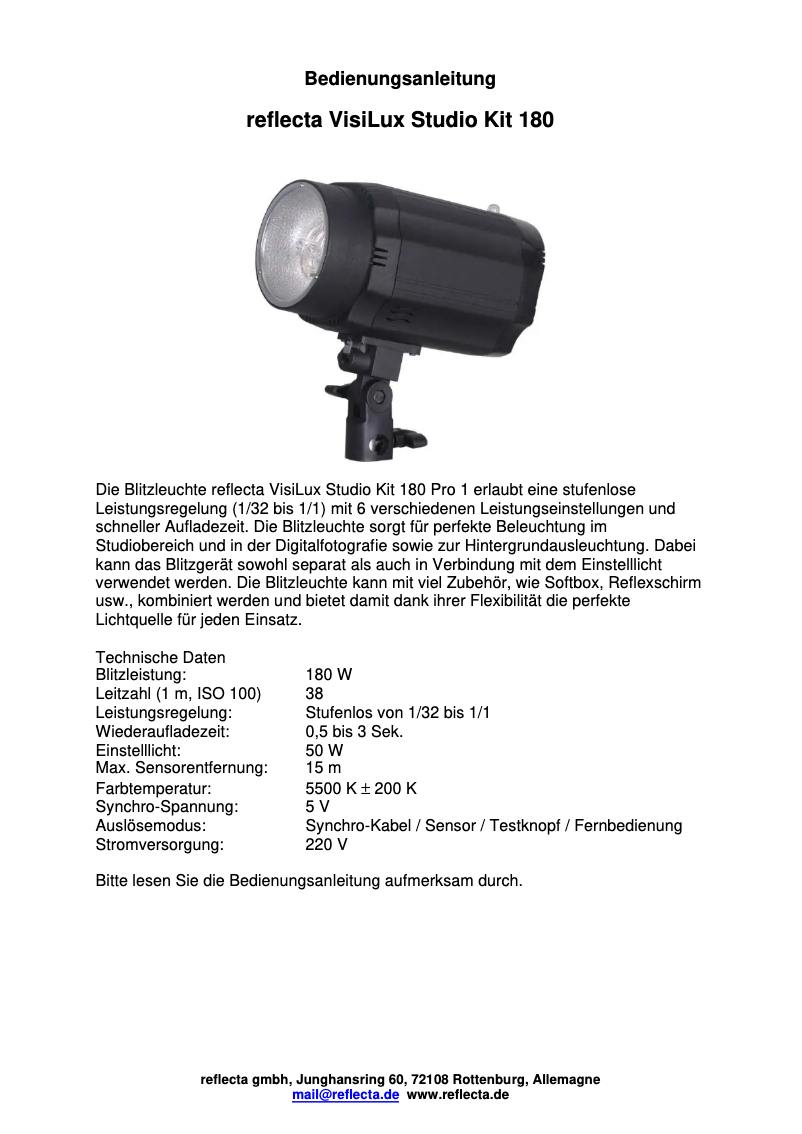 Image de la première page du manuel de l'appareil Visilux Studio Kit 180