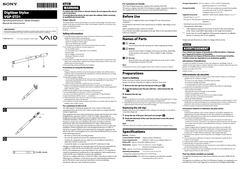 Page 1 de la notice Manuel utilisateur Sony Vaio Duo 11 SVD11225CYB