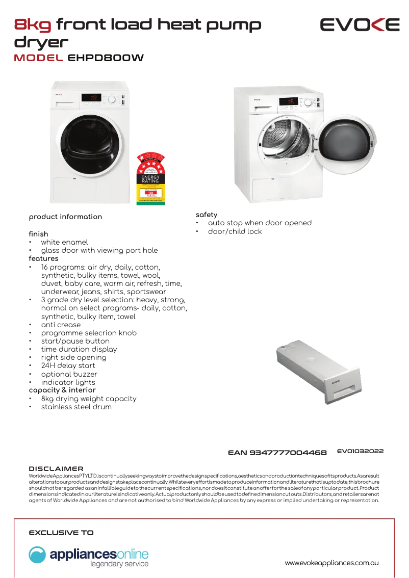 Page 1 de la notice Fiche technique Evoke EHPD800W