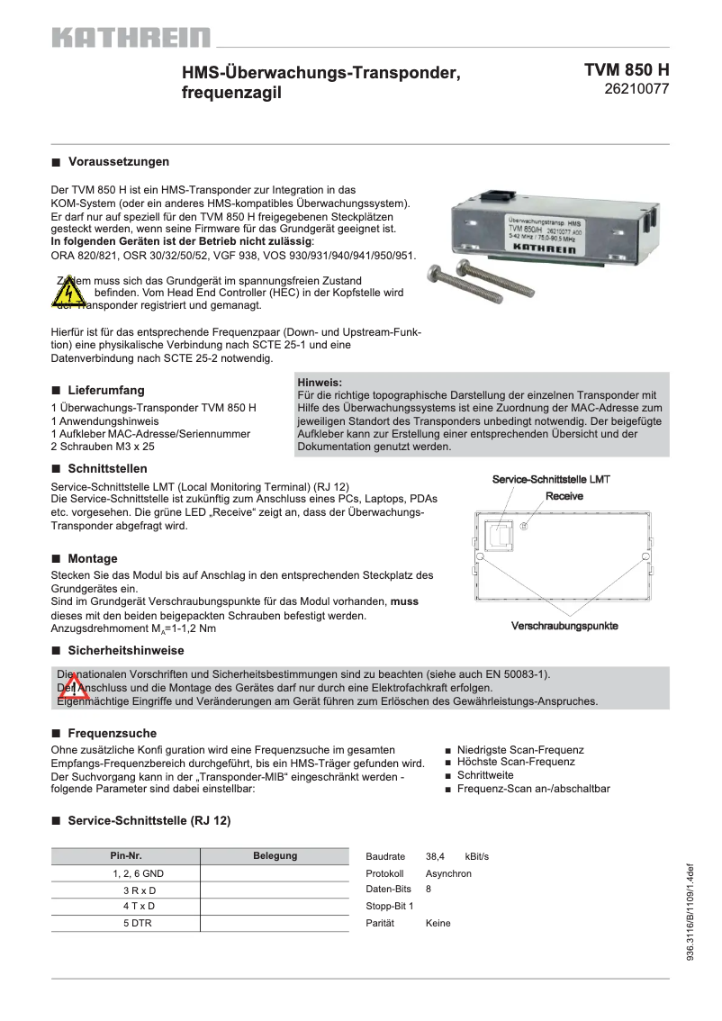 Page n°1 - Fiche technique Kathrein TVM 850/H